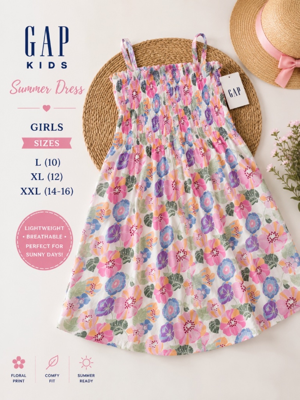 NWT GAP Kids Floral Smocked Summer Dress Girls L 10 XL 12 XXL 14-16 Cotton